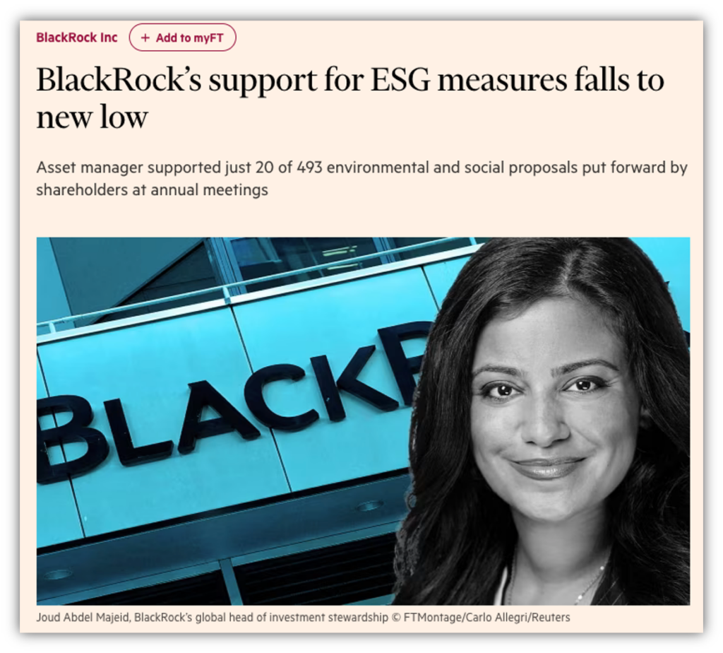 Image of Financial Times article "BlackRock's support for ESG measures falls to new low." 